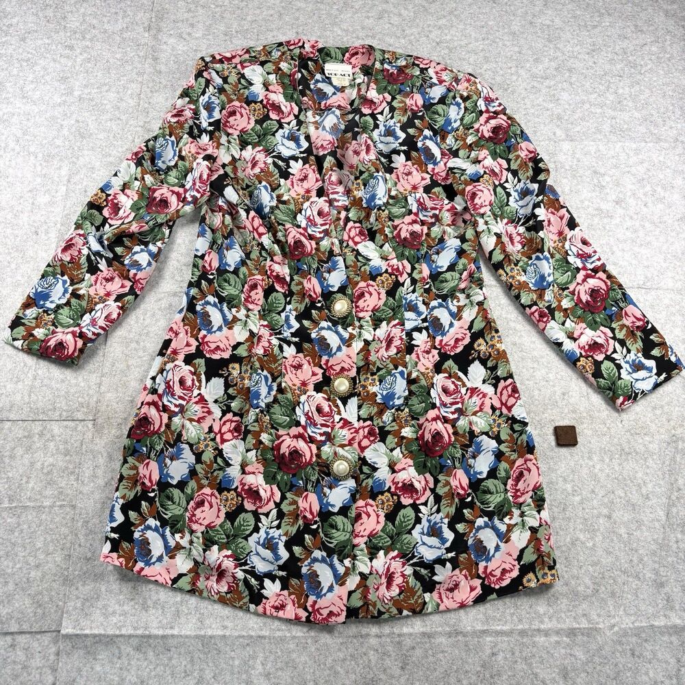 Vintage Top Act Floral Print Bright Multicolor Button Blazer Jacket Womens 8 USA